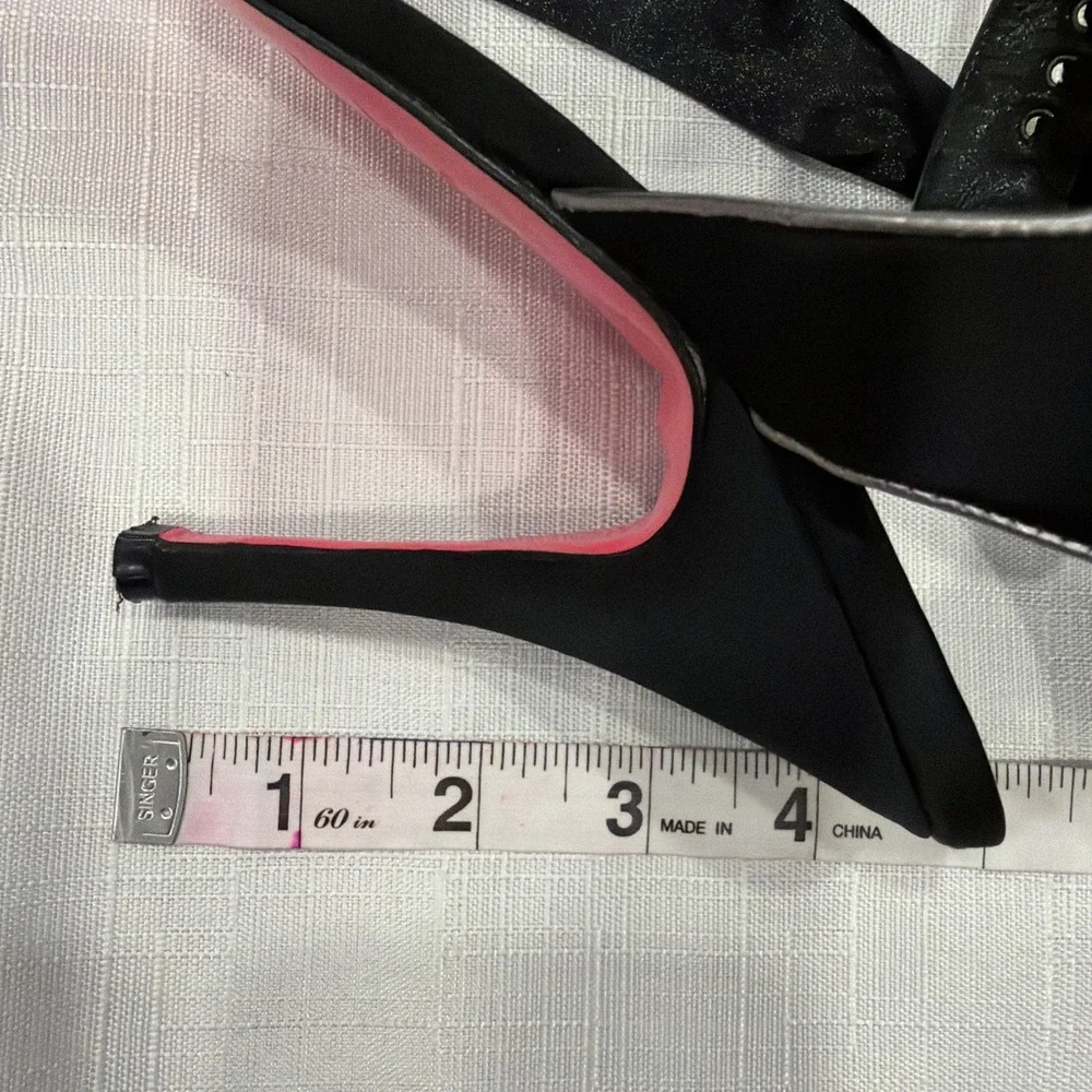 Betsey Johnson Black Satin Heels Stilettos Ankle Strap Bow Sz. 9.5 M Silver Trim